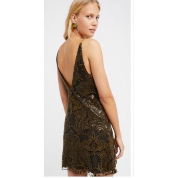 Free People Night Shimmer Lace Mini Dress Sequin Sleeveless Olive Green Black 4 - Picture 2 of 13